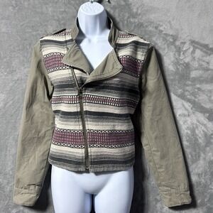 American Eagle Moto Jacket Womens Sz Large Denim Embroidered Front Southwestern